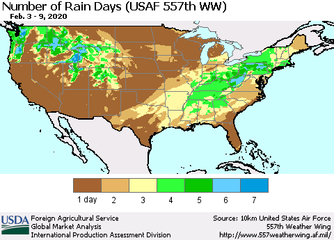 United States Number of Rain Days (USAF 557th WW) Thematic Map For 2/3/2020 - 2/9/2020