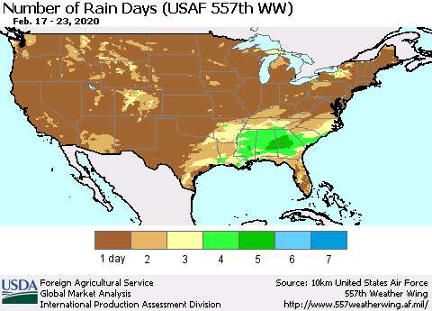 United States Number of Rain Days (USAF 557th WW) Thematic Map For 2/17/2020 - 2/23/2020