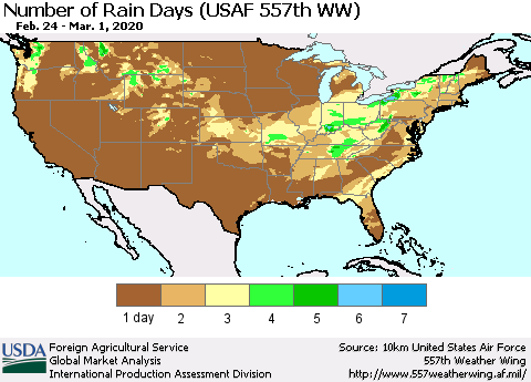 United States Number of Rain Days (USAF 557th WW) Thematic Map For 2/24/2020 - 3/1/2020