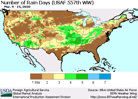 United States Number of Rain Days (USAF 557th WW) Thematic Map For 3/9/2020 - 3/15/2020
