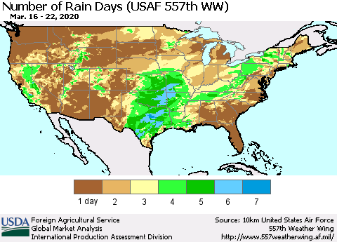 United States Number of Rain Days (USAF 557th WW) Thematic Map For 3/16/2020 - 3/22/2020