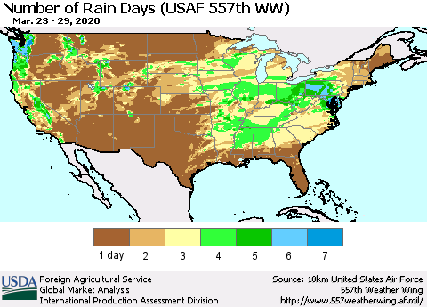 United States Number of Rain Days (USAF 557th WW) Thematic Map For 3/23/2020 - 3/29/2020