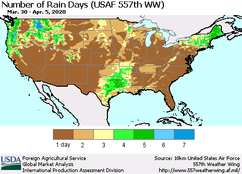 United States Number of Rain Days (USAF 557th WW) Thematic Map For 3/30/2020 - 4/5/2020