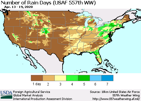 United States Number of Rain Days (USAF 557th WW) Thematic Map For 4/13/2020 - 4/19/2020