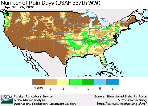 United States Number of Rain Days (USAF 557th WW) Thematic Map For 4/20/2020 - 4/26/2020