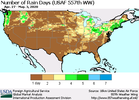 United States Number of Rain Days (USAF 557th WW) Thematic Map For 4/27/2020 - 5/3/2020
