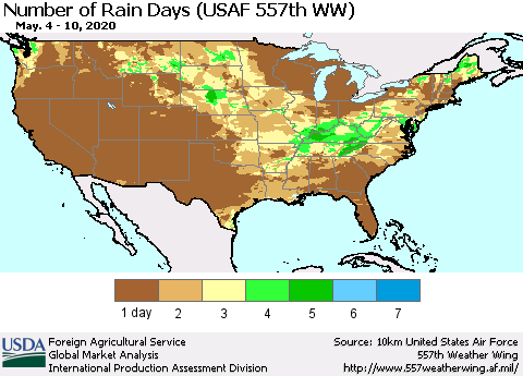 United States Number of Rain Days (USAF 557th WW) Thematic Map For 5/4/2020 - 5/10/2020
