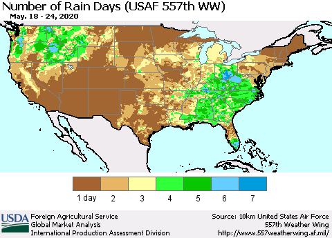 United States Number of Rain Days (USAF 557th WW) Thematic Map For 5/18/2020 - 5/24/2020