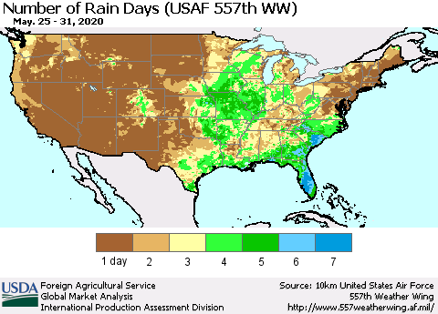 United States Number of Rain Days (USAF 557th WW) Thematic Map For 5/25/2020 - 5/31/2020