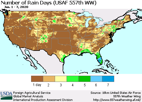 United States Number of Rain Days (USAF 557th WW) Thematic Map For 6/1/2020 - 6/7/2020