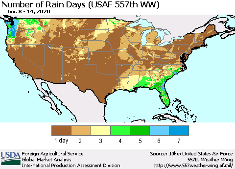 United States Number of Rain Days (USAF 557th WW) Thematic Map For 6/8/2020 - 6/14/2020