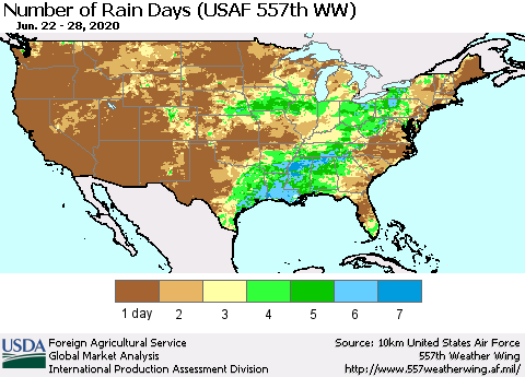 United States Number of Rain Days (USAF 557th WW) Thematic Map For 6/22/2020 - 6/28/2020