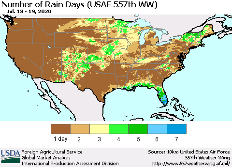 United States Number of Rain Days (USAF 557th WW) Thematic Map For 7/13/2020 - 7/19/2020