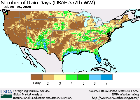 United States Number of Rain Days (USAF 557th WW) Thematic Map For 7/20/2020 - 7/26/2020
