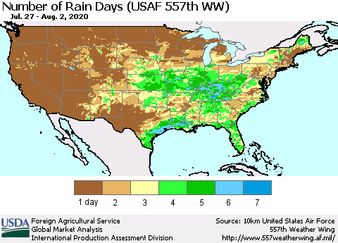 United States Number of Rain Days (USAF 557th WW) Thematic Map For 7/27/2020 - 8/2/2020
