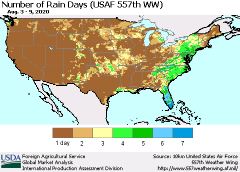 United States Number of Rain Days (USAF 557th WW) Thematic Map For 8/3/2020 - 8/9/2020