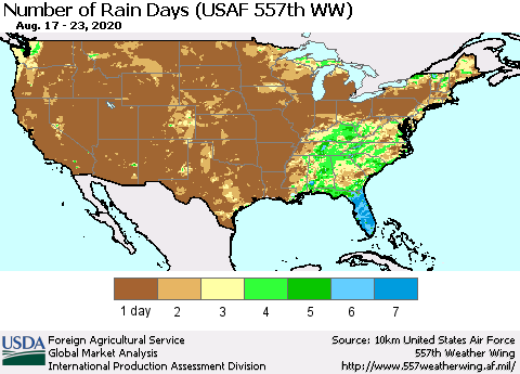 United States Number of Rain Days (USAF 557th WW) Thematic Map For 8/17/2020 - 8/23/2020