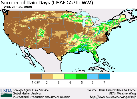 United States Number of Rain Days (USAF 557th WW) Thematic Map For 8/24/2020 - 8/30/2020