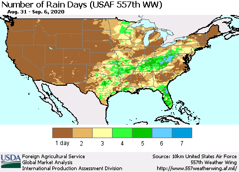 United States Number of Rain Days (USAF 557th WW) Thematic Map For 8/31/2020 - 9/6/2020