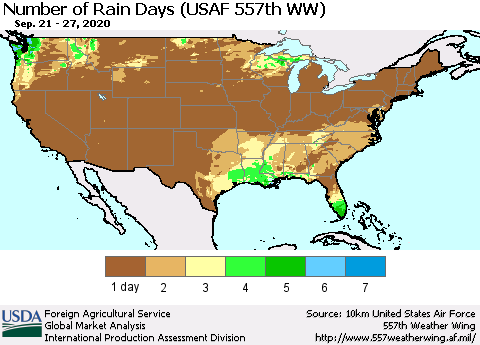 United States Number of Rain Days (USAF 557th WW) Thematic Map For 9/21/2020 - 9/27/2020