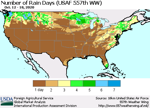 United States Number of Rain Days (USAF 557th WW) Thematic Map For 10/12/2020 - 10/18/2020