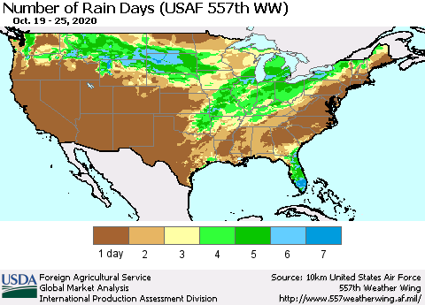 United States Number of Rain Days (USAF 557th WW) Thematic Map For 10/19/2020 - 10/25/2020
