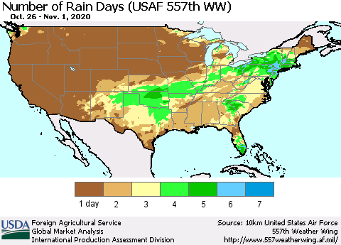 United States Number of Rain Days (USAF 557th WW) Thematic Map For 10/26/2020 - 11/1/2020