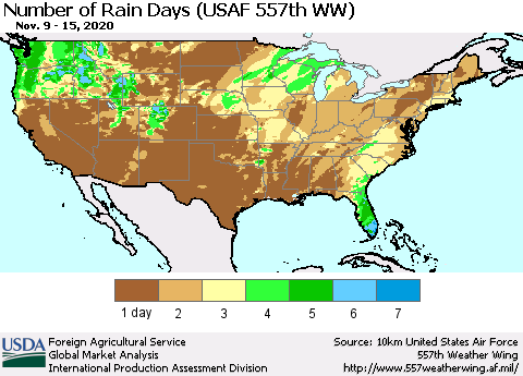 United States Number of Rain Days (USAF 557th WW) Thematic Map For 11/9/2020 - 11/15/2020