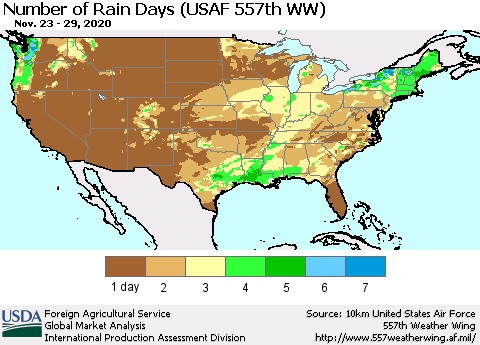 United States Number of Rain Days (USAF 557th WW) Thematic Map For 11/23/2020 - 11/29/2020