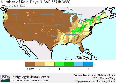 United States Number of Rain Days (USAF 557th WW) Thematic Map For 11/30/2020 - 12/6/2020