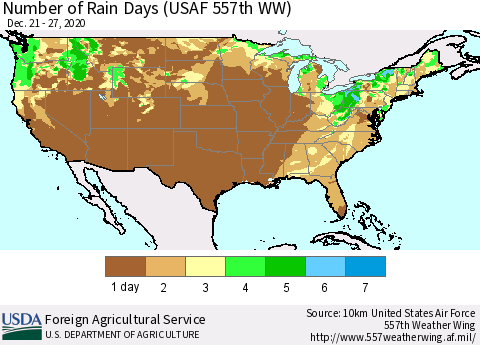 United States Number of Rain Days (USAF 557th WW) Thematic Map For 12/21/2020 - 12/27/2020