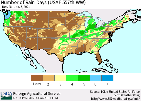 United States Number of Rain Days (USAF 557th WW) Thematic Map For 12/28/2020 - 1/3/2021