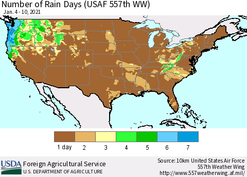 United States Number of Rain Days (USAF 557th WW) Thematic Map For 1/4/2021 - 1/10/2021