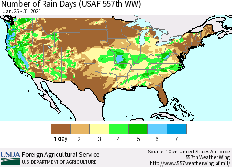 United States Number of Rain Days (USAF 557th WW) Thematic Map For 1/25/2021 - 1/31/2021