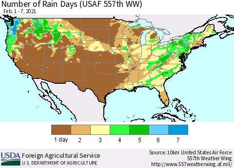 United States Number of Rain Days (USAF 557th WW) Thematic Map For 2/1/2021 - 2/7/2021