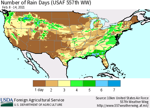 United States Number of Rain Days (USAF 557th WW) Thematic Map For 2/8/2021 - 2/14/2021