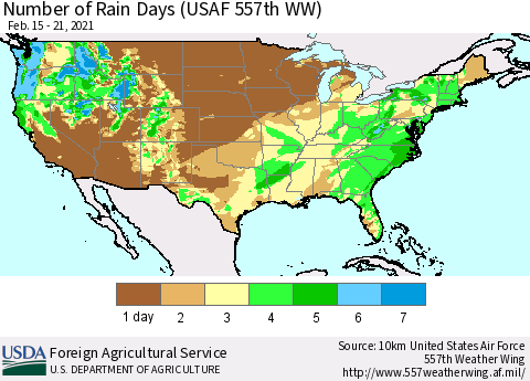 United States Number of Rain Days (USAF 557th WW) Thematic Map For 2/15/2021 - 2/21/2021