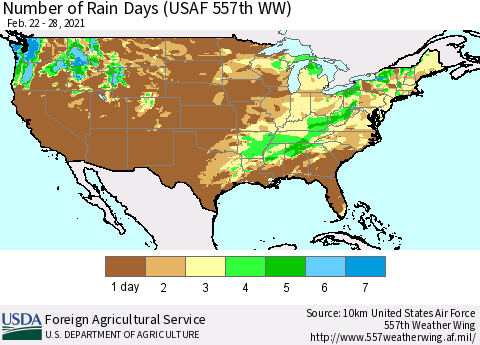 United States Number of Rain Days (USAF 557th WW) Thematic Map For 2/22/2021 - 2/28/2021