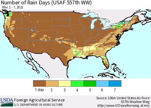 United States Number of Rain Days (USAF 557th WW) Thematic Map For 3/1/2021 - 3/7/2021