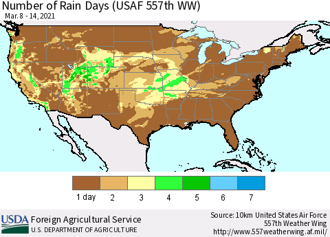 United States Number of Rain Days (USAF 557th WW) Thematic Map For 3/8/2021 - 3/14/2021