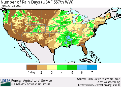 United States Number of Rain Days (USAF 557th WW) Thematic Map For 3/22/2021 - 3/28/2021