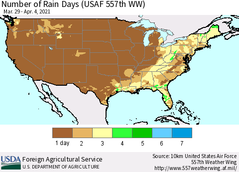 United States Number of Rain Days (USAF 557th WW) Thematic Map For 3/29/2021 - 4/4/2021