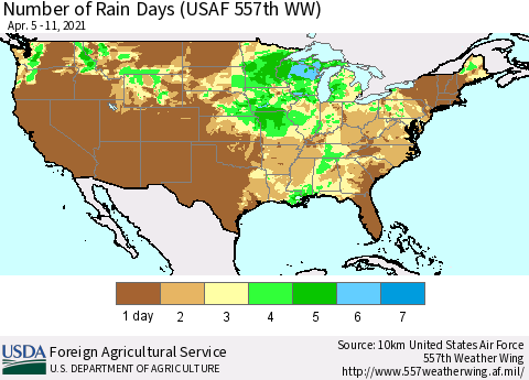 United States Number of Rain Days (USAF 557th WW) Thematic Map For 4/5/2021 - 4/11/2021