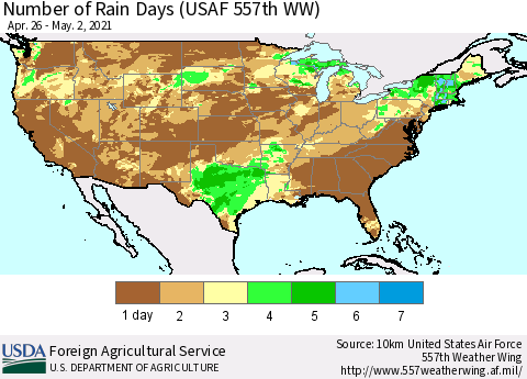 United States Number of Rain Days (USAF 557th WW) Thematic Map For 4/26/2021 - 5/2/2021