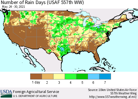 United States Number of Rain Days (USAF 557th WW) Thematic Map For 5/24/2021 - 5/30/2021