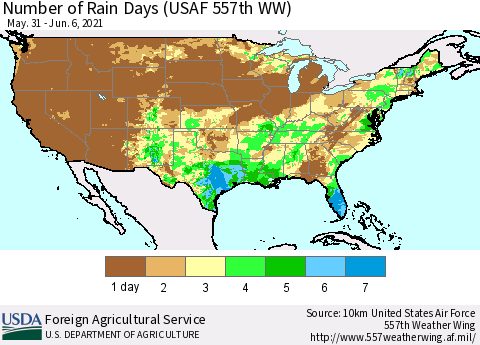 United States Number of Rain Days (USAF 557th WW) Thematic Map For 5/31/2021 - 6/6/2021