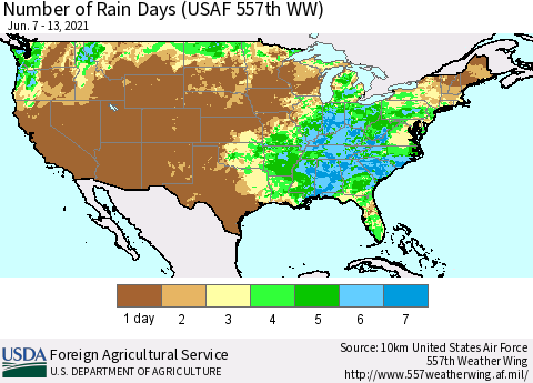 United States Number of Rain Days (USAF 557th WW) Thematic Map For 6/7/2021 - 6/13/2021
