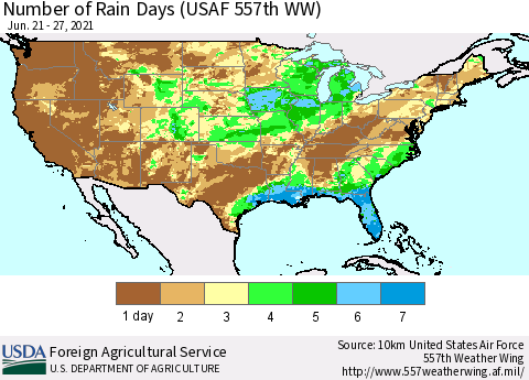 United States Number of Rain Days (USAF 557th WW) Thematic Map For 6/21/2021 - 6/27/2021