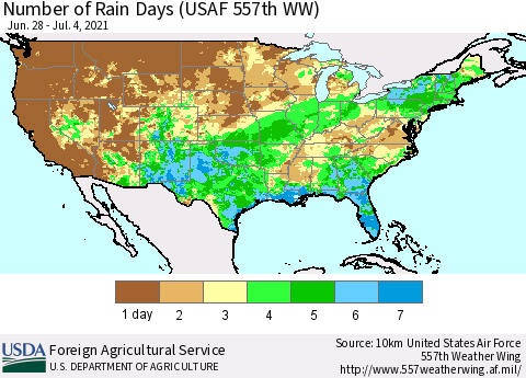 United States Number of Rain Days (USAF 557th WW) Thematic Map For 6/28/2021 - 7/4/2021