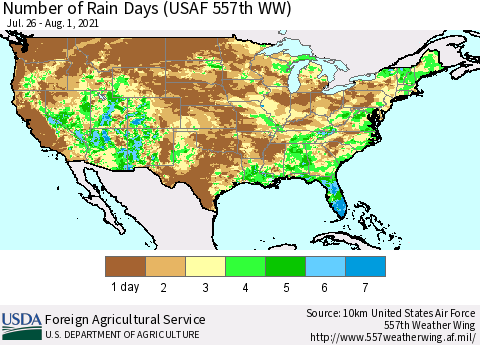 United States Number of Rain Days (USAF 557th WW) Thematic Map For 7/26/2021 - 8/1/2021